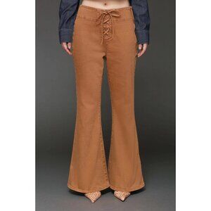 Avec Les Filles Lace Up Washed Cotton Flare Pants Brown Beige 29
